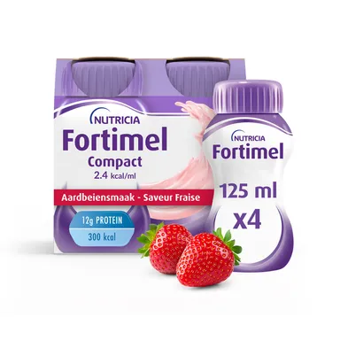 Fortimel Compact 2.4kcal Aardbeismaak Voedingssupplement Ondervoeding Flessen 4x125ml