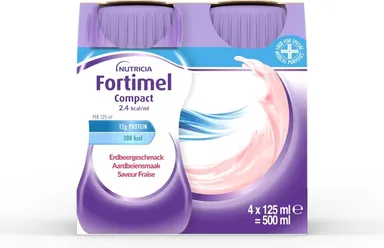 Fortimel Compact 2.4kcal Aardbeismaak Voedingssupplement Ondervoeding Flessen 4x125ml