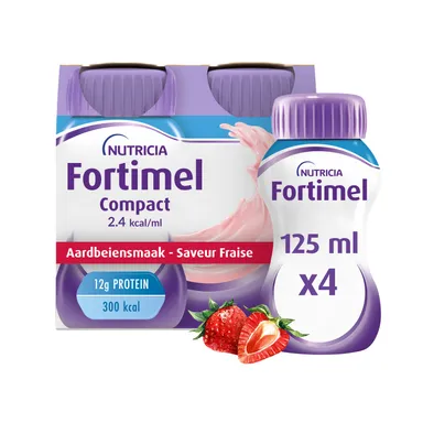 Fortimel Compact 2.4kcal Aardbeismaak Voedingssupplement Ondervoeding Flessen 4x125ml