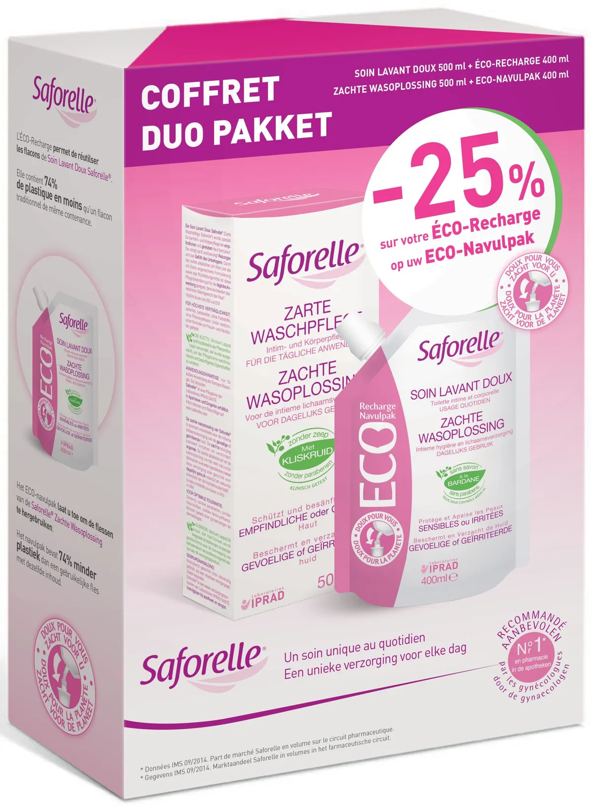 Saforelle Duo Soin Lavant Doux 500ml + éco-recharge 400ml (- 25% sur l'éco-recharge)