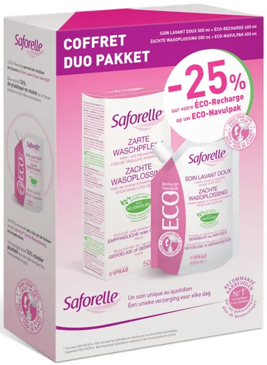 Saforelle Duo Soin Lavant Doux 500ml + éco-recharge 400ml (- 25% sur l'éco-recharge)