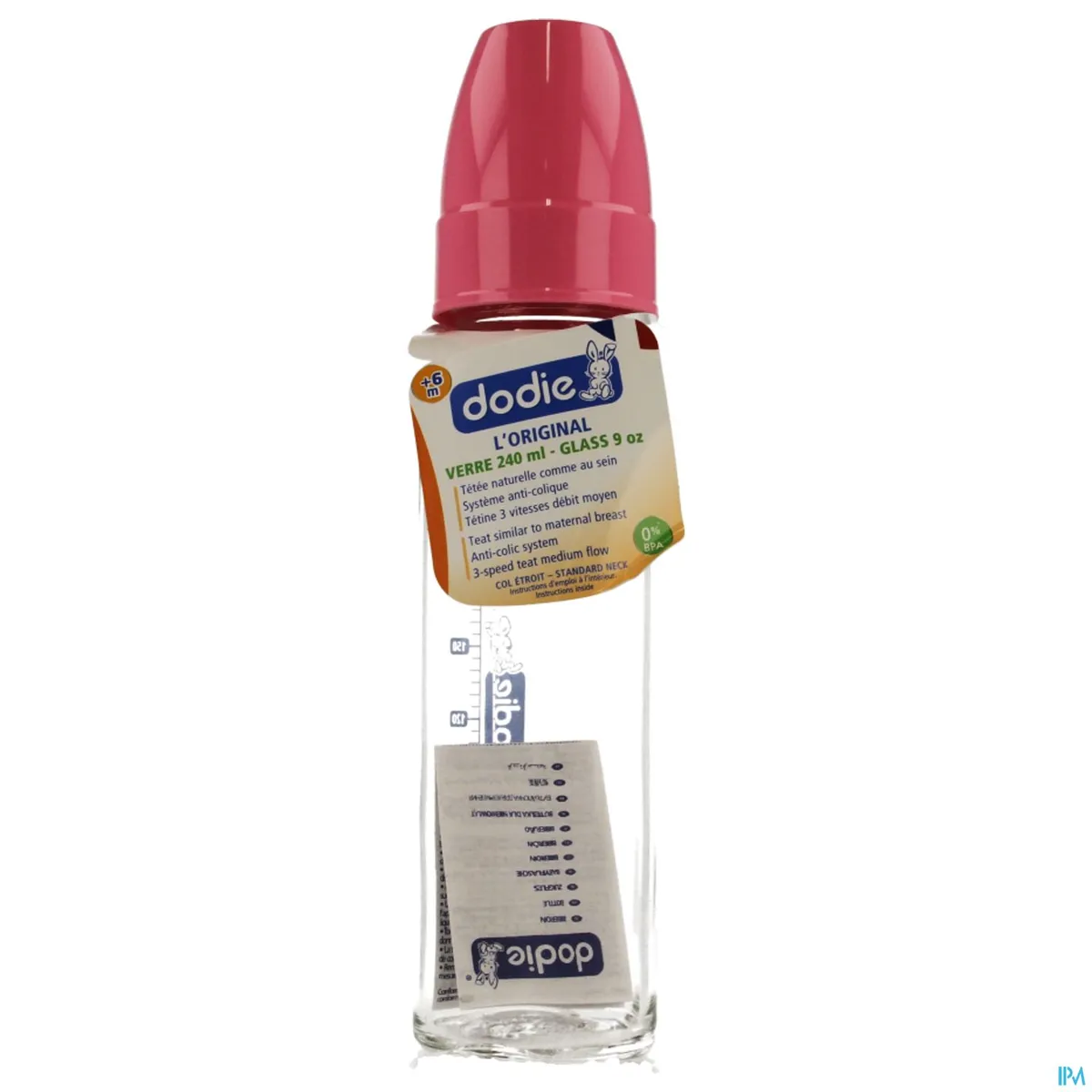 Dodie Glazen Zuigfles Smalle Hals (Roze) 240ml