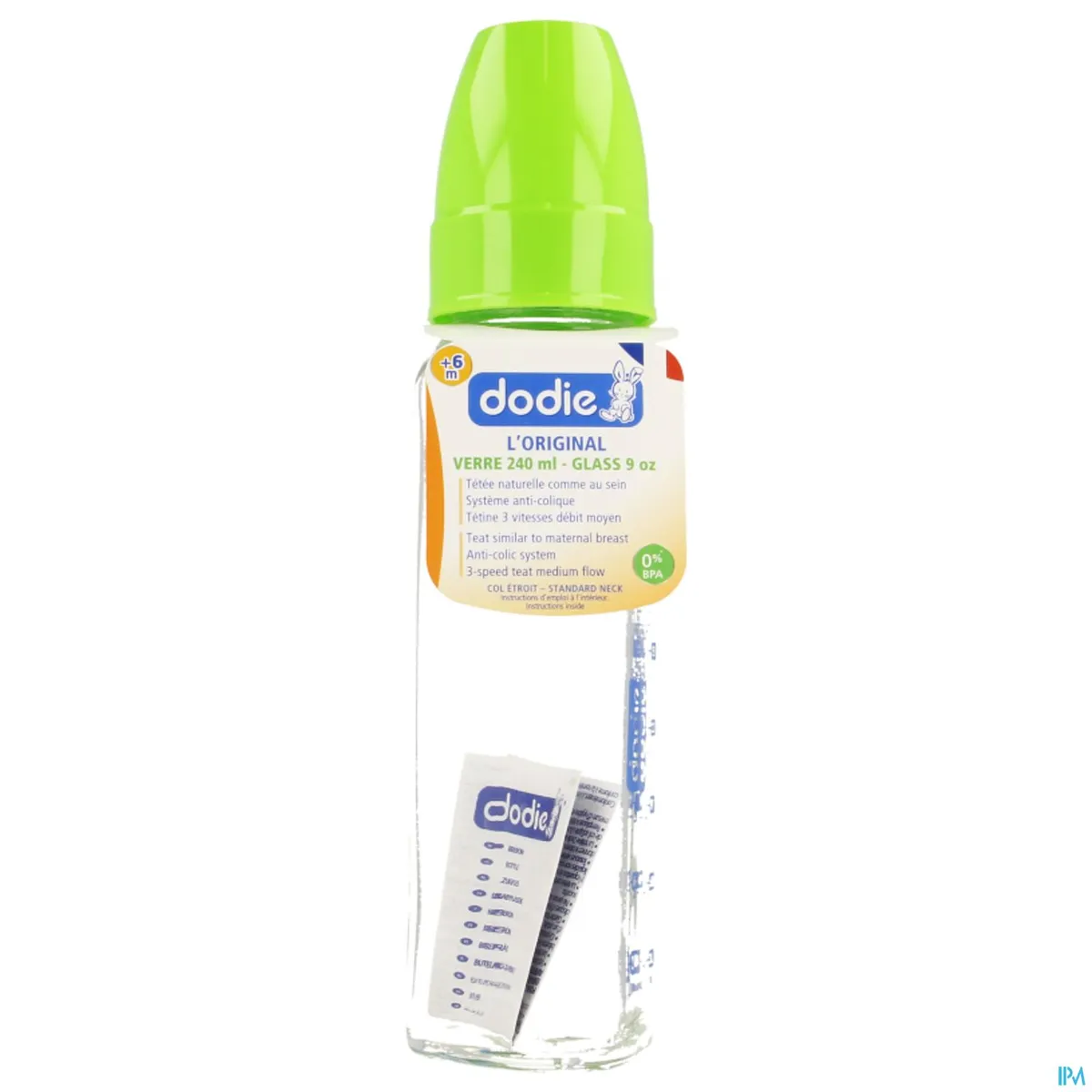 Dodie Glazen Zuigfles Smalle Hals (Groen) 240ml