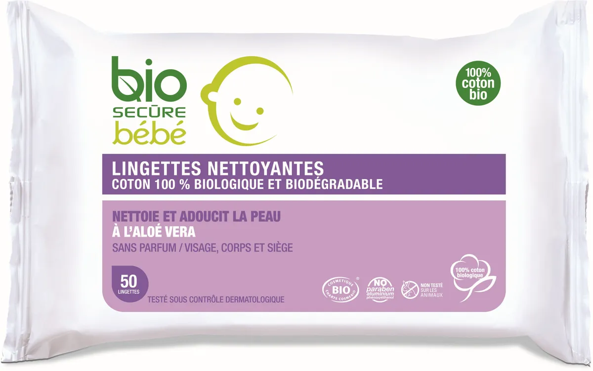 Bio Secure Bébé 50 Lingettes Biodegradable à l'Aloé Vera