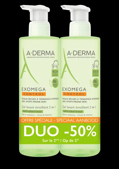 A-Derma Exomega Control Gel Lavant Emollient 2 En 1 Anti-Grattage 2x500ml