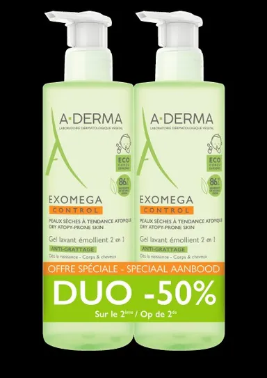 A-Derma Exomega Control Gel Lavant Emollient 2 En 1 Anti-Grattage 2x500ml