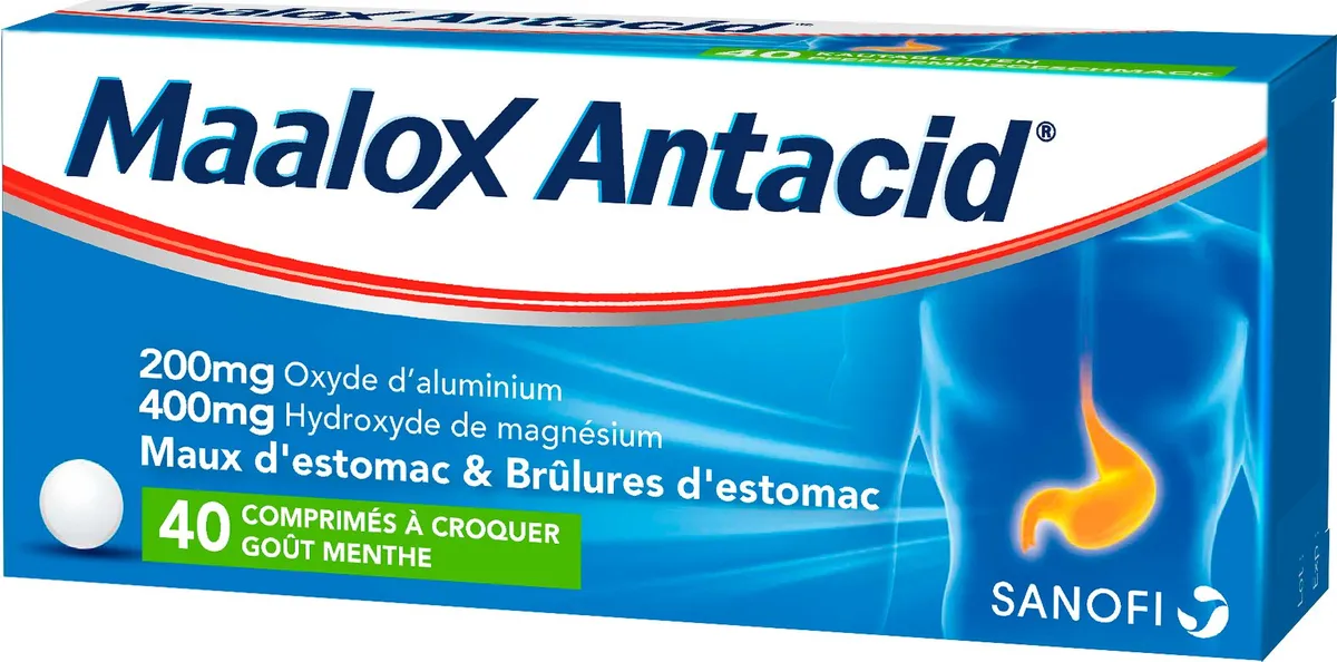 Maalox Antacid 200mg/400mg 40 Comprimés à Croquer (Menthe)