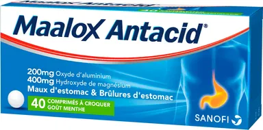 Maalox Antacid 200mg/400mg 40 Comprimés à Croquer (Menthe)