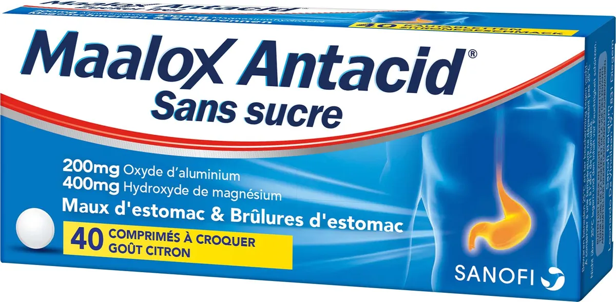 Maalox Antacid 200mg/400mg 40 Comprimés à Croquer Sans Sucre (Citron)