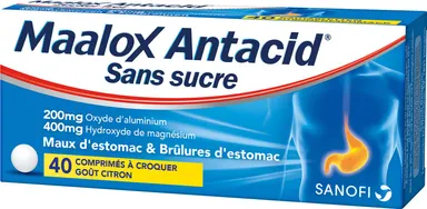 Maalox Antacid 200mg/400mg 40 Comprimés à Croquer Sans Sucre (Citron)
