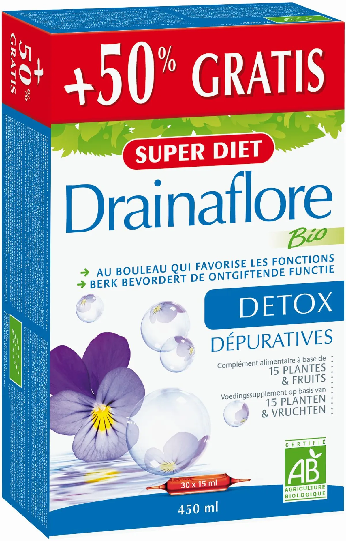 SuperDiet Drainaflore Bio 30 Ampoules x 15ml (plus 50% gratis)