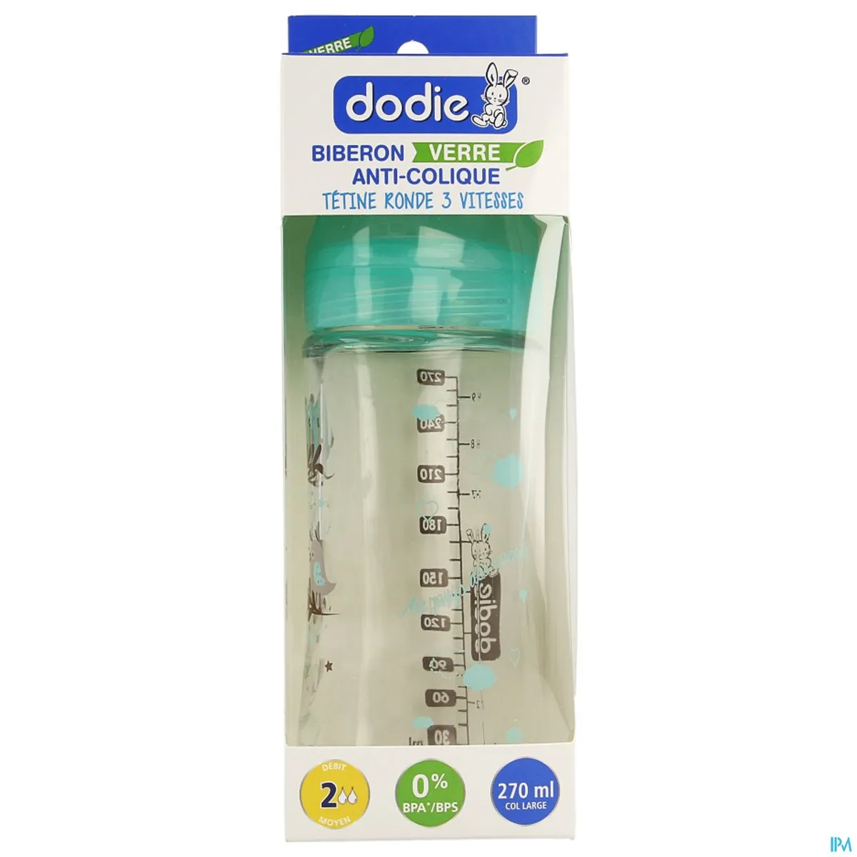 Dodie Glas ZuigflesWijde Hals Ronde Speen 3 Snelheden (Vogels) 270ml