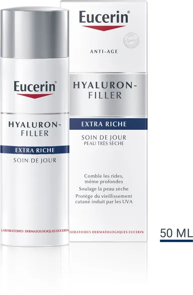 Eucerin Hyaluron-Filler Extra Riche Soin de Jour Crème Anti-Rides & Anti-Âge Peau Très Sèche avec pompe 50ml