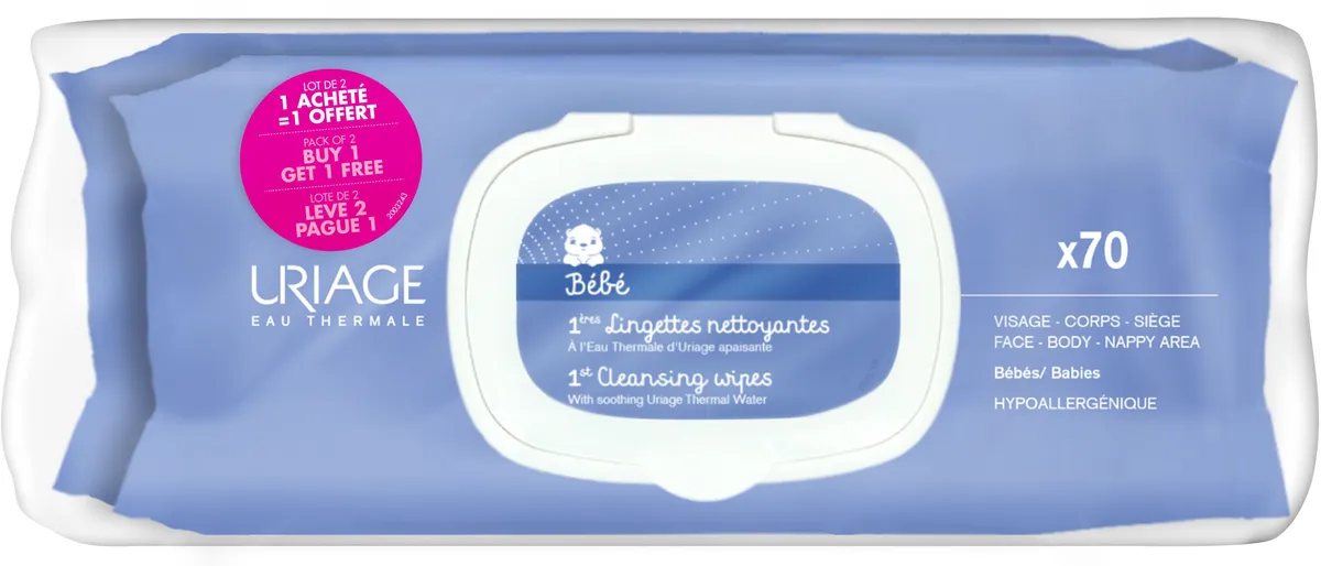 Uriage Bébé 1ère Lingettes Nettoyantes 2 x 70 Lingettes (1 + gratis)