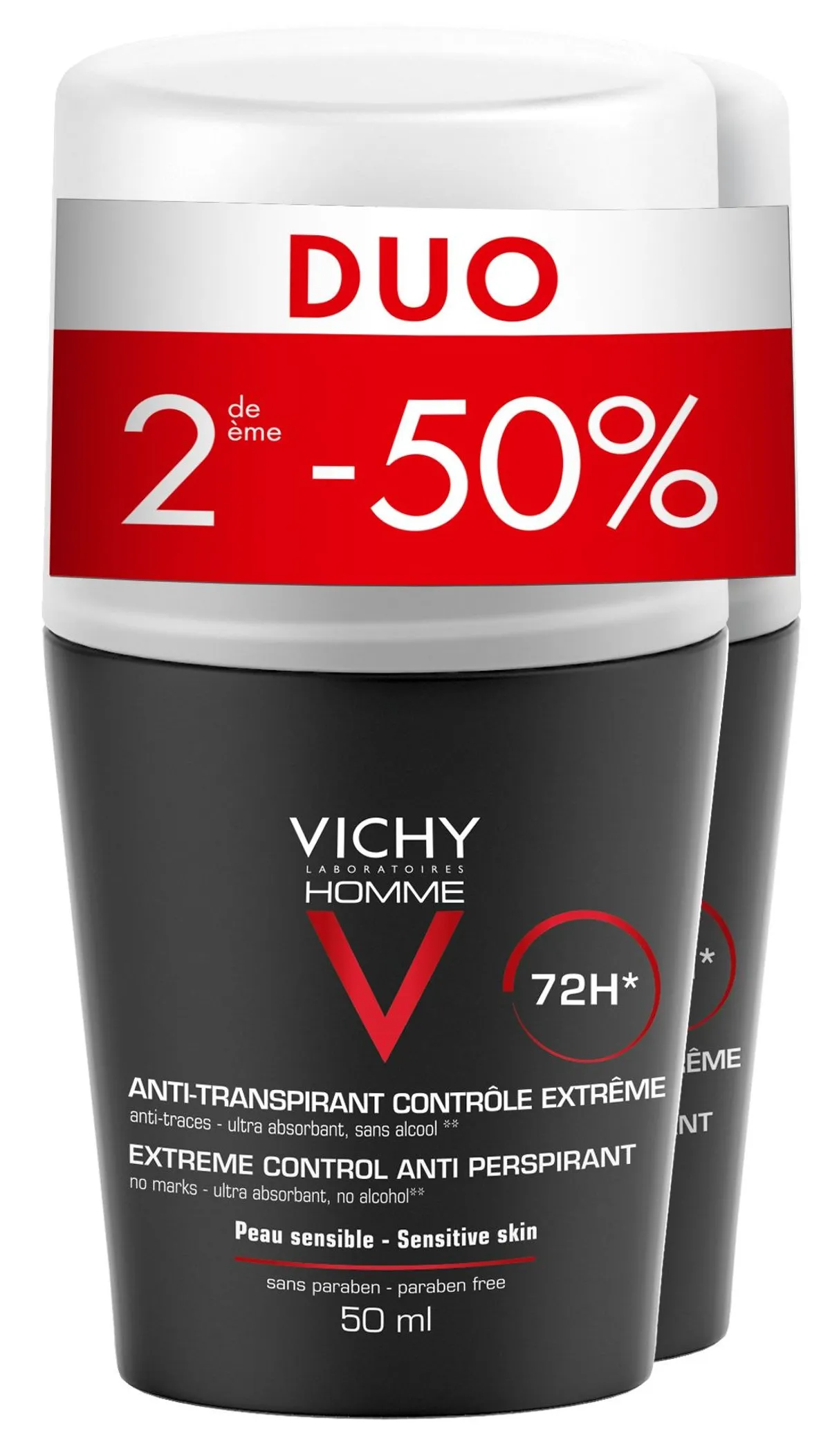 Vichy Homme Déodorant Anti-Transpirant Extrême Contrôle 72h Bille Duo 50ml (2ème produit à - 50%)