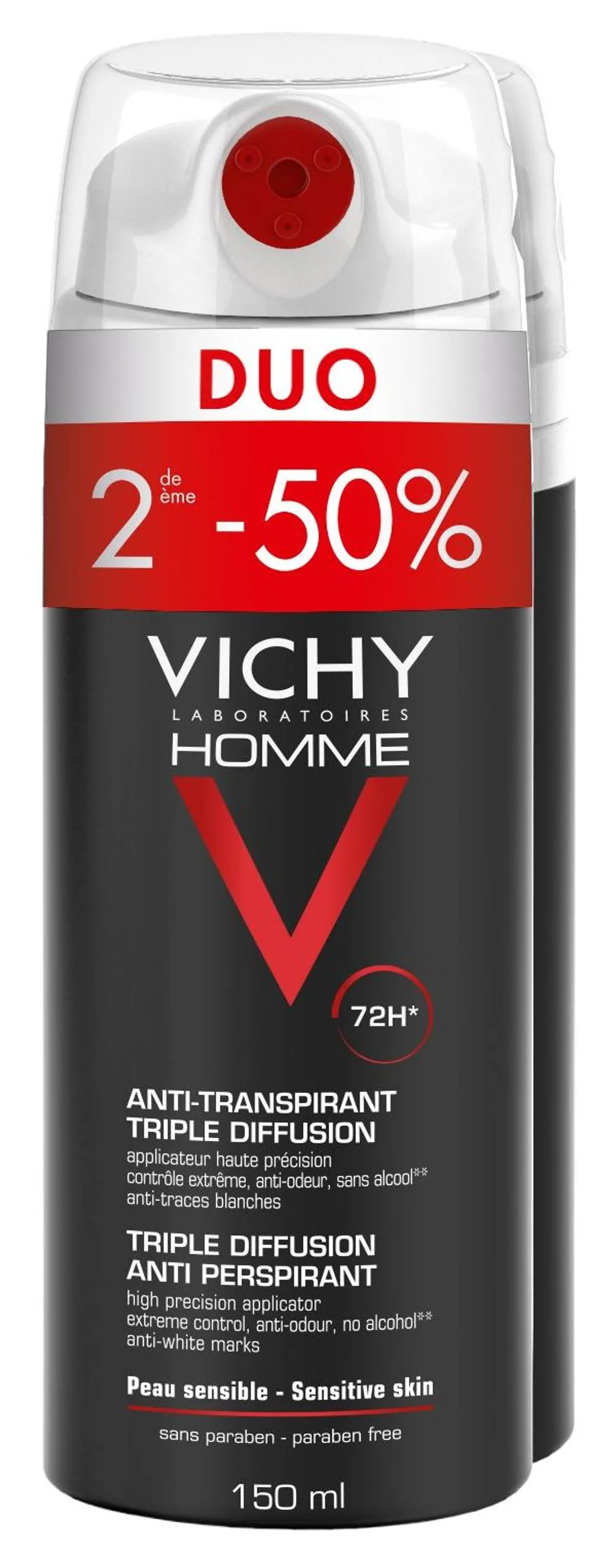 Vichy Homme Déodorant Anti-Transpirant Triple Diffusion Spray 2x150ml (2ème produit à - 50%)