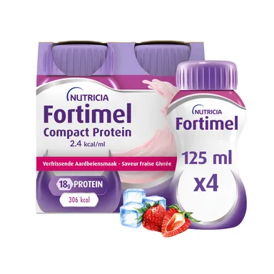 Fortimel Compact Protein Verfrissende aardbeismaak Voedingssupplement Ondervoeding Flessen 4x125 ml