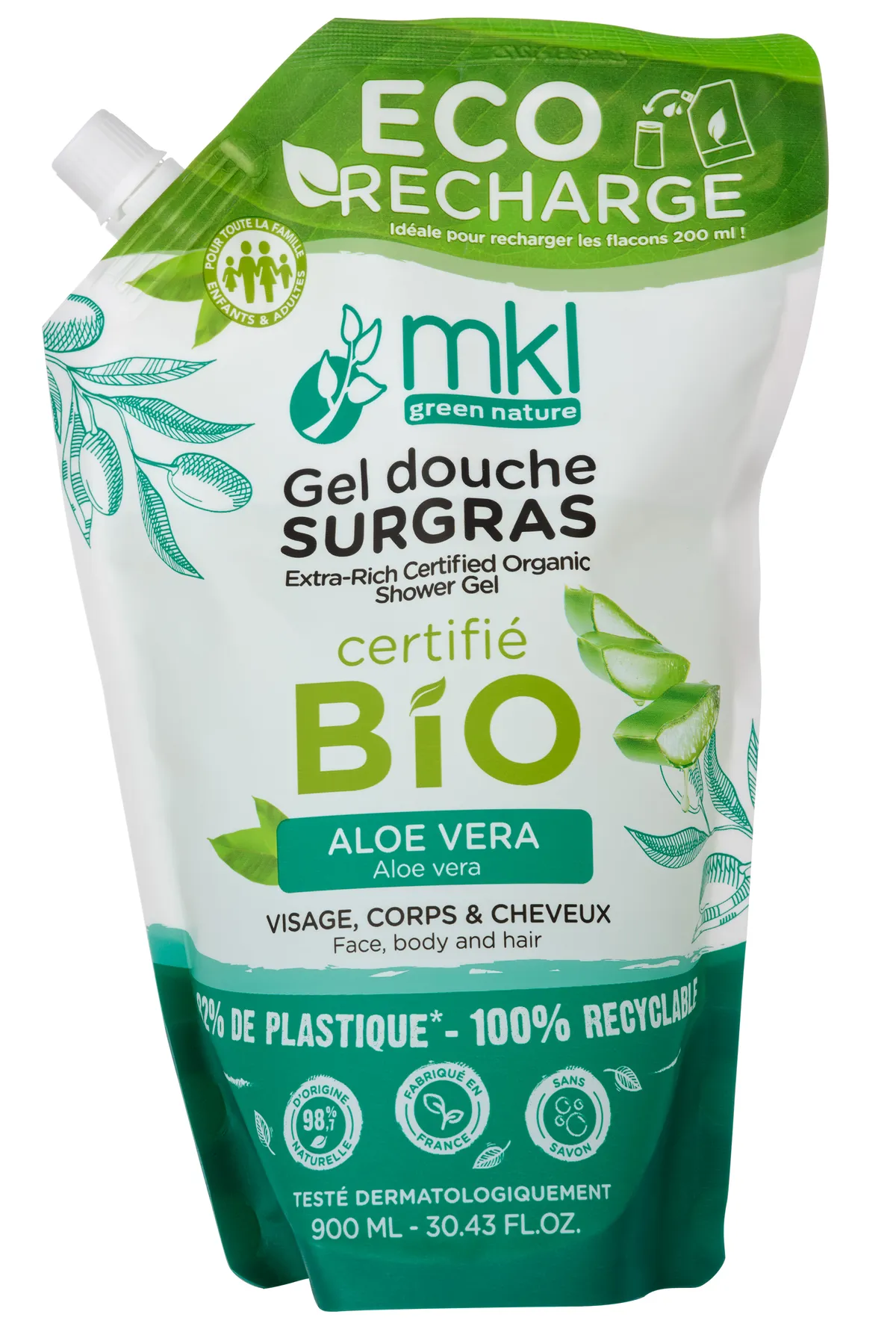 MKL Gel Douche Surgras Bio Aloe Vera Recharge 900ml