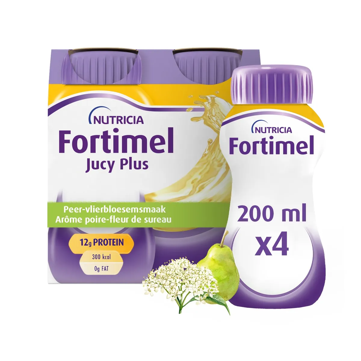 Fortimel Jucy Plus Arôme Poire Fleur Sureau Complément Nutritionnel Dénutrition Bouteilles 4x200ml