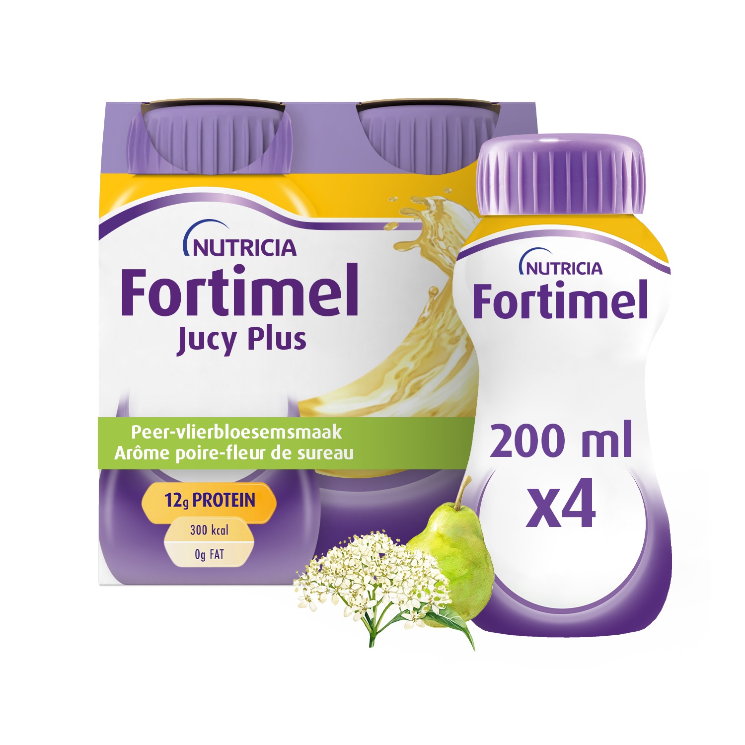 Fortimel Jucy Plus Peer - Vlierbloesemsmaak Voedingssupplement Ondervoeding Flessen 4x200ml - Fortimel