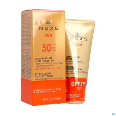 Nuxe Duo Sun Crème Fondante Haute Prtection Visage IP50 50ml + Lait Fraîcheur Aftersun 50ml Gratuit