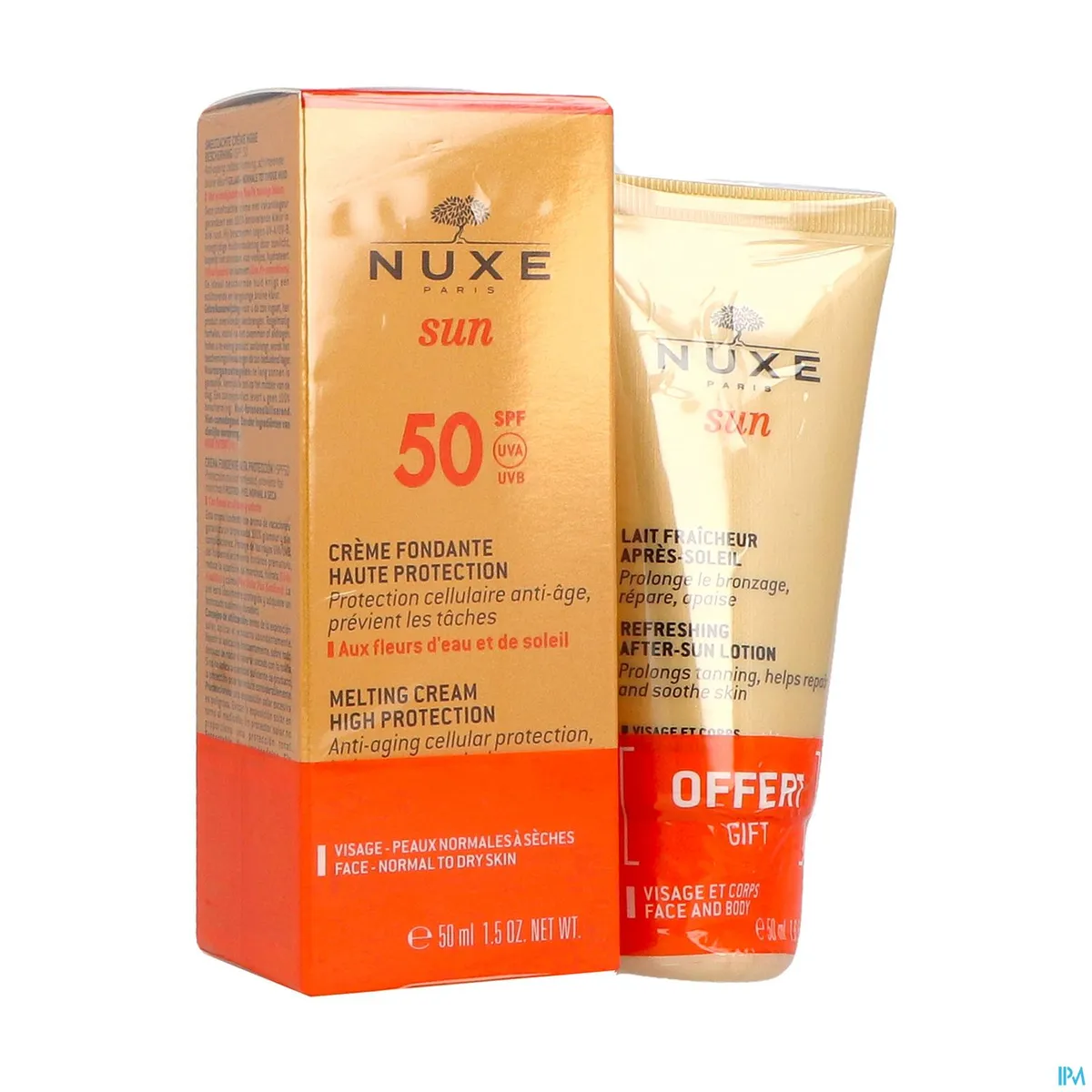 Nuxe Duo Sun Smeltende Crème Hoge Bescherming Gezicht SPF50 50 ml + Verfrissende Melk Aftersun 50 ml Gratis