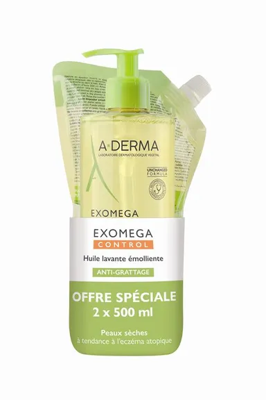 A-Derma Exomega Control Huile Lavante Emolliente Anti-Grattage 2x500Ml