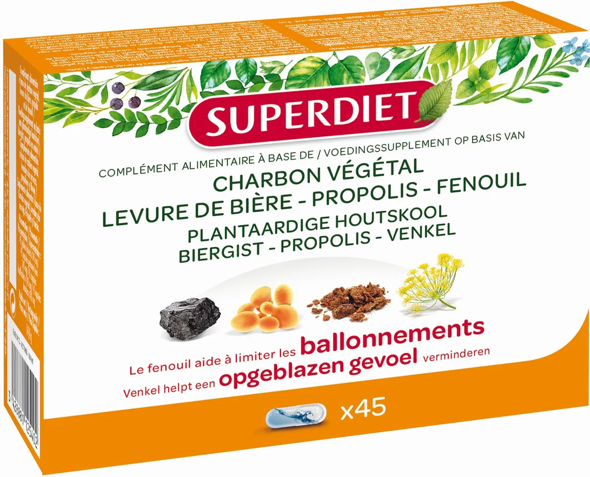 SuperDiet Charbon Végétal Levure de Bière Propolis Fenouil 45 Capsules