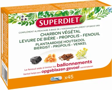 SuperDiet Charbon Végétal Levure de Bière Propolis Fenouil 45 Capsules