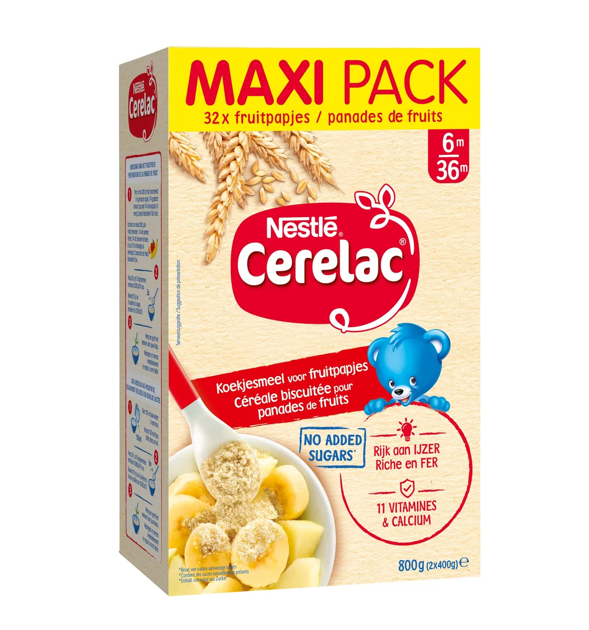 NESTLÉ CERELAC Céréales Biscuitées pour Panades de Fruits Bébé 6+ Mois Maxi Pack 800g