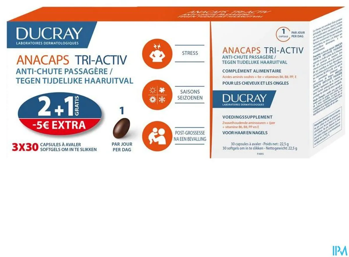 Ducray Anacaps Trio Tri-Activ 3x30 Capsules (1 boite offerte)