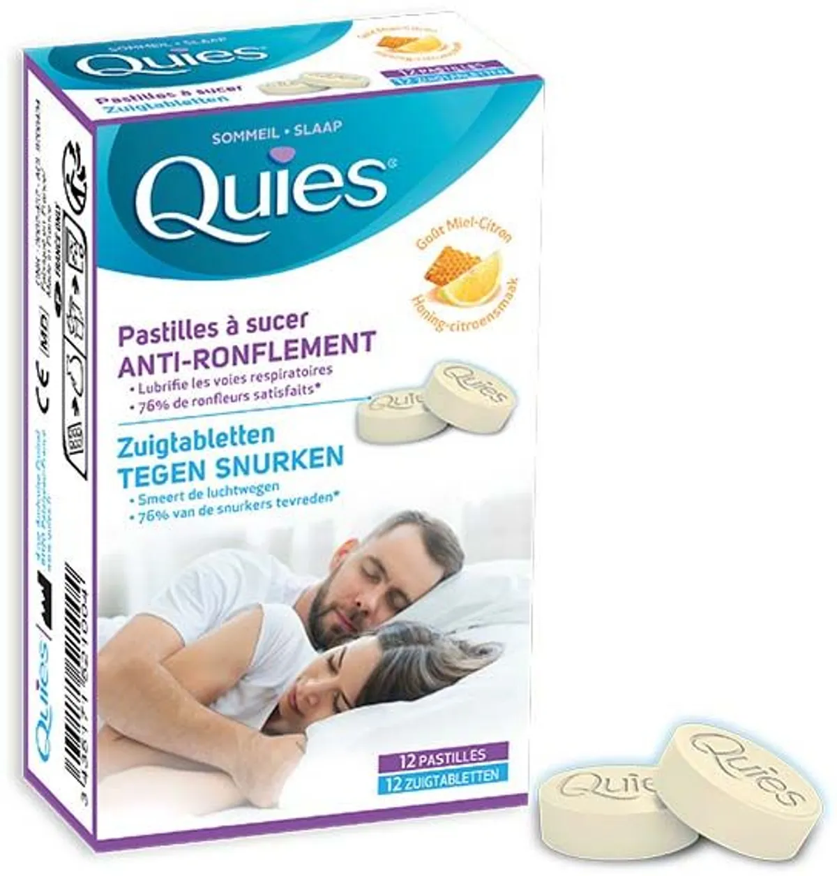 Quies 12 Zuigpastilles Anti-Snurken Honing-Citroensmaak