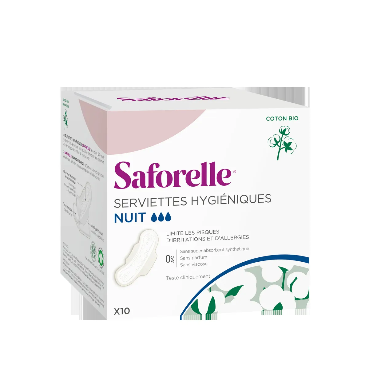Saforelle Coton Protect Serviettes Hygiéniques Nuit 10