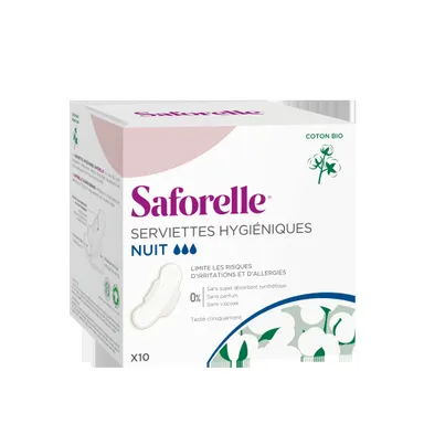 Saforelle Coton Protect Serviettes Hygiéniques Nuit 10