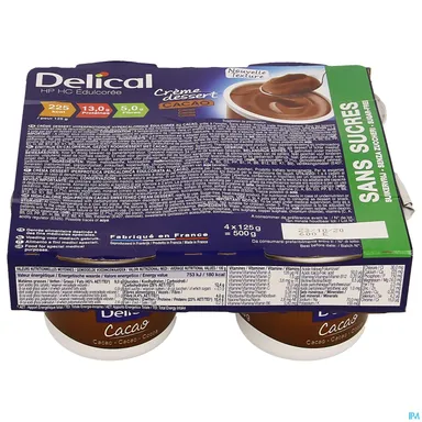 Delical Dessertpudding Hp-hc Zonder Suiker Cacao 4 x 124 g