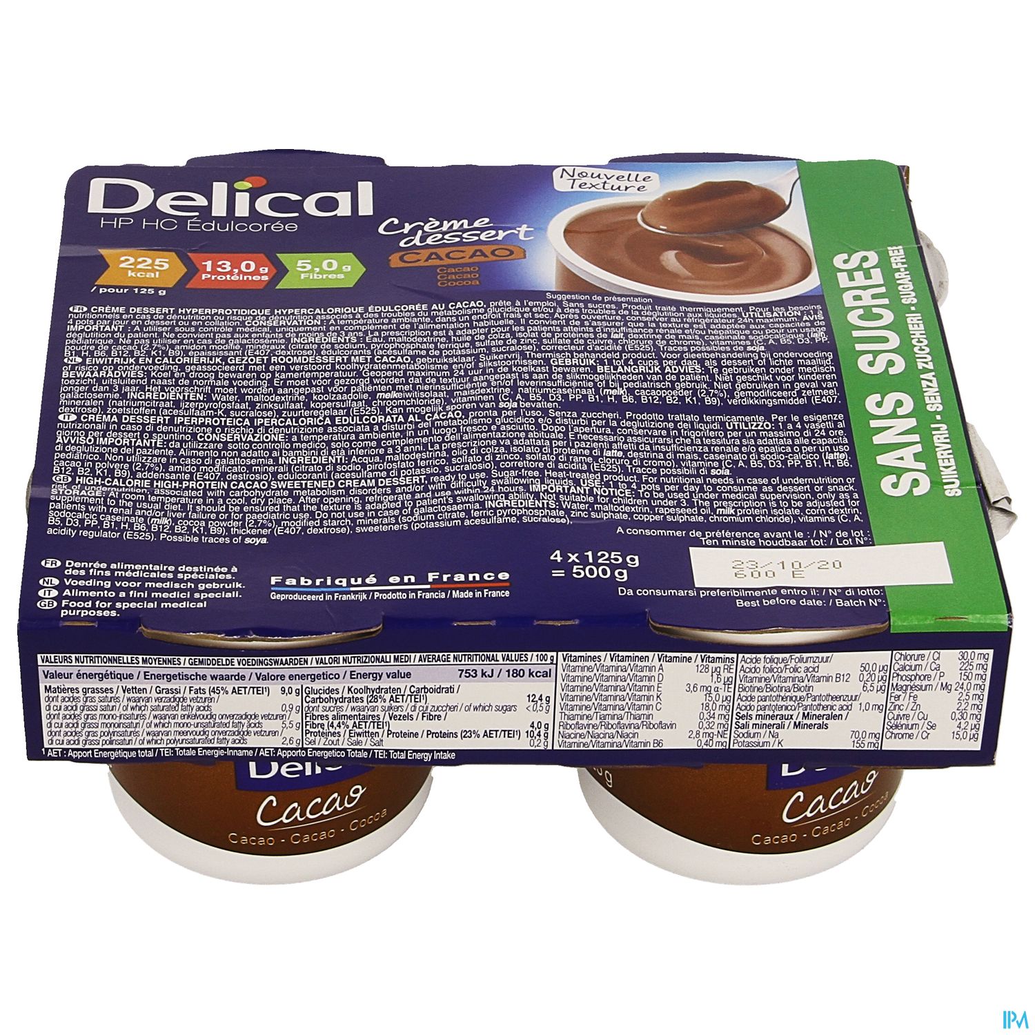 Delical Dessertpudding Hp-hc Zonder Suiker Cacao 4 x 124 g - Delical