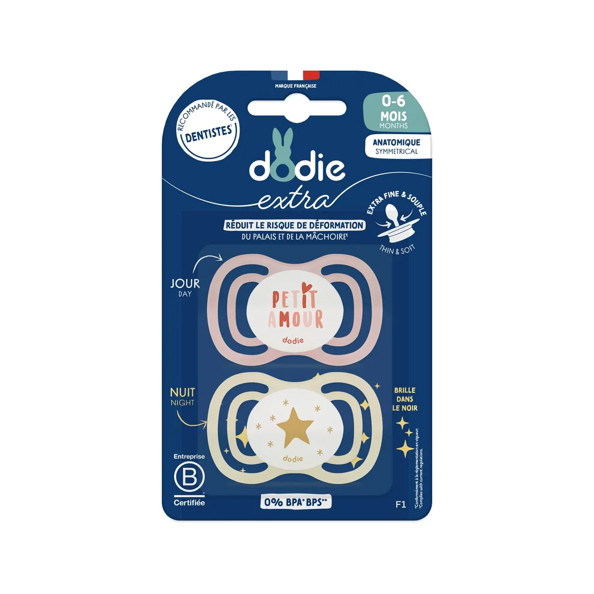 Dodie Lot de 2 Sucettes 0-6M Duo Jour et Nuit