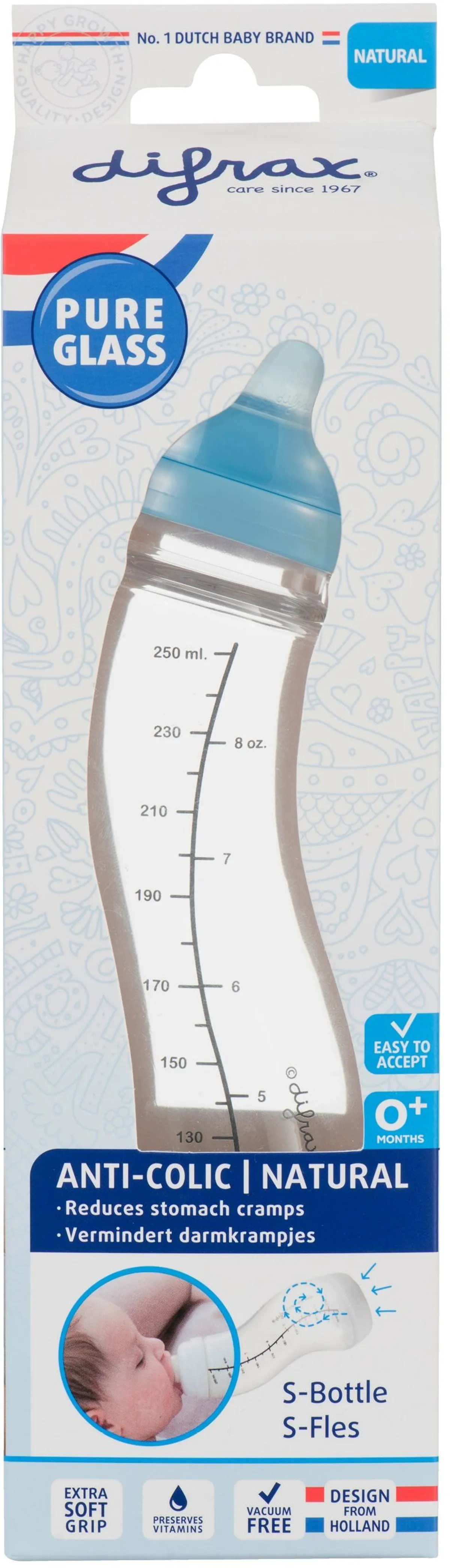 Difrax Biberon-s Natural Verre Bleu 250ml