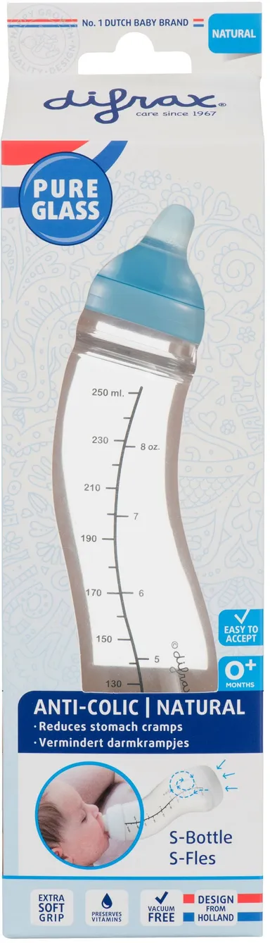 Difrax Biberon-s Natural Verre Bleu 250ml