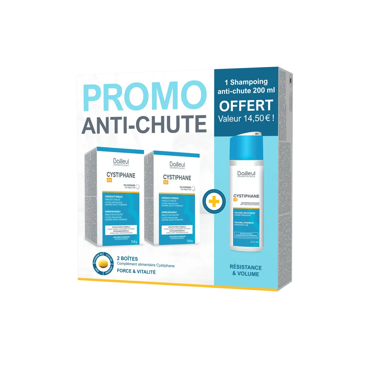 Cystiphane Cheveux Et Ongles Promopack 2x120 Comprimés + Shampoing 200ml Gratuit