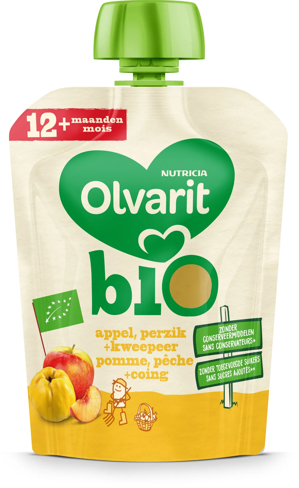 Olvarit Bio Appel + Perzik + Kweepeer 12+ Maanden 90 g
