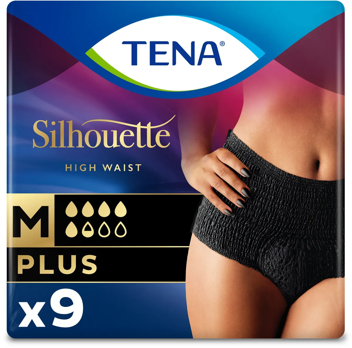 TENA Silhouette Plus Taille haute Noir Medium - 9 pièces