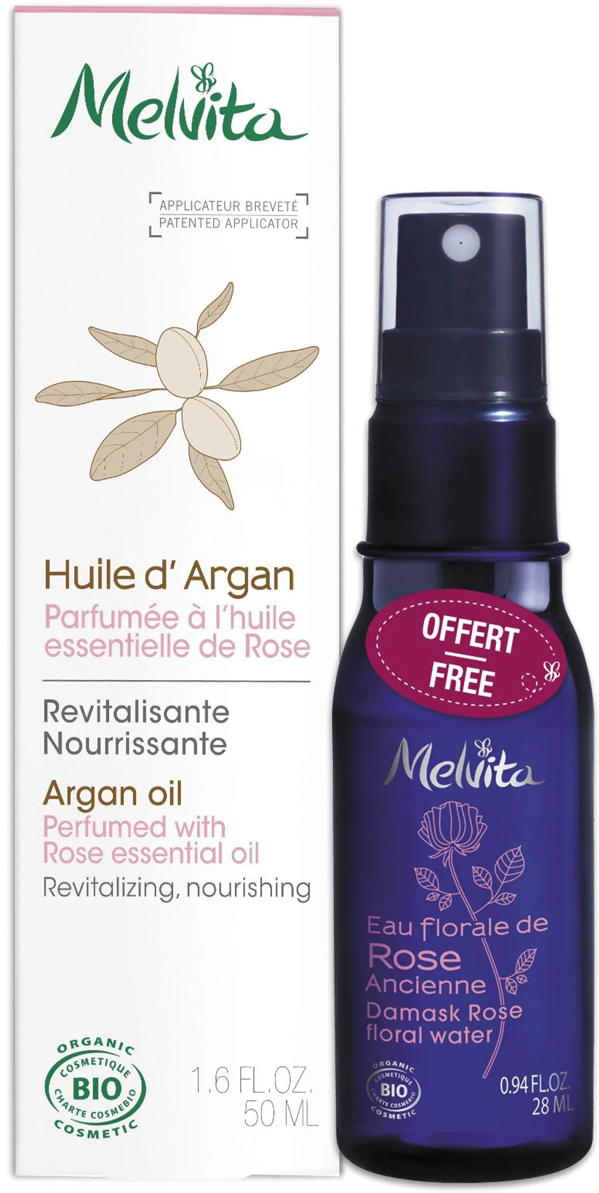 Melvita bio arganolie 50 ml + Bloemenwater van rozen 28 ml gratis