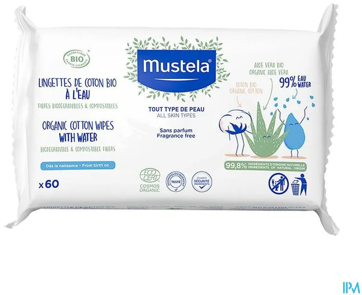 Mustela Lingettes Bio à l'Eau Coton 60 Lingettes