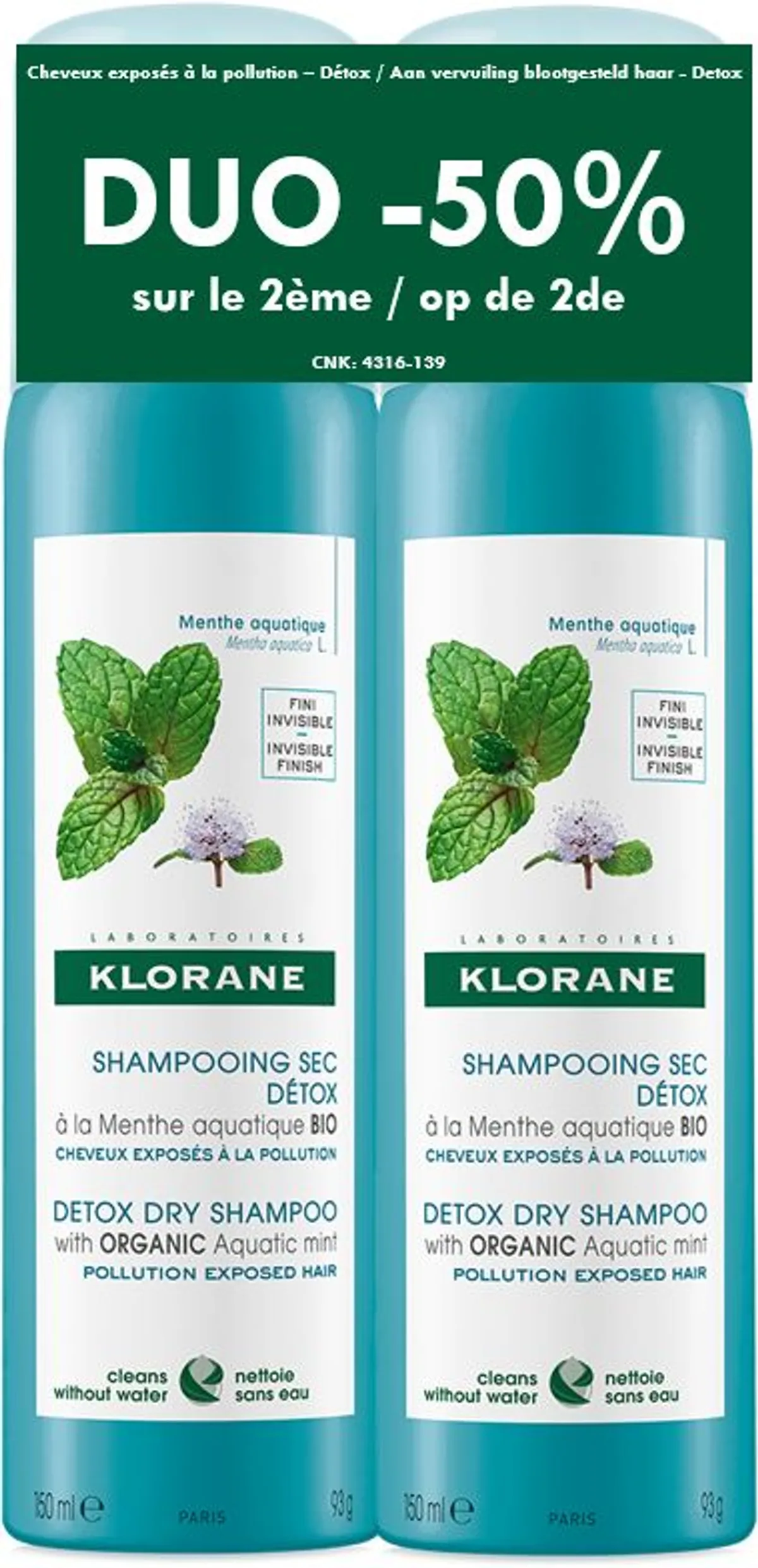 Klorane Shampooing Sec Détox à la Menthe Aquatique Bio 2x150ml