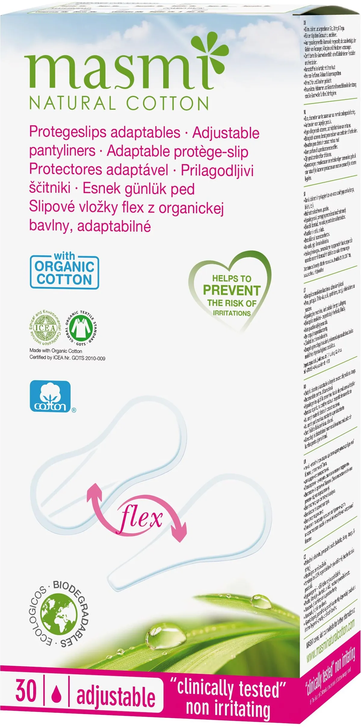 Masmi Protège-Slips Adaptable Coton Bio 30 Pièces