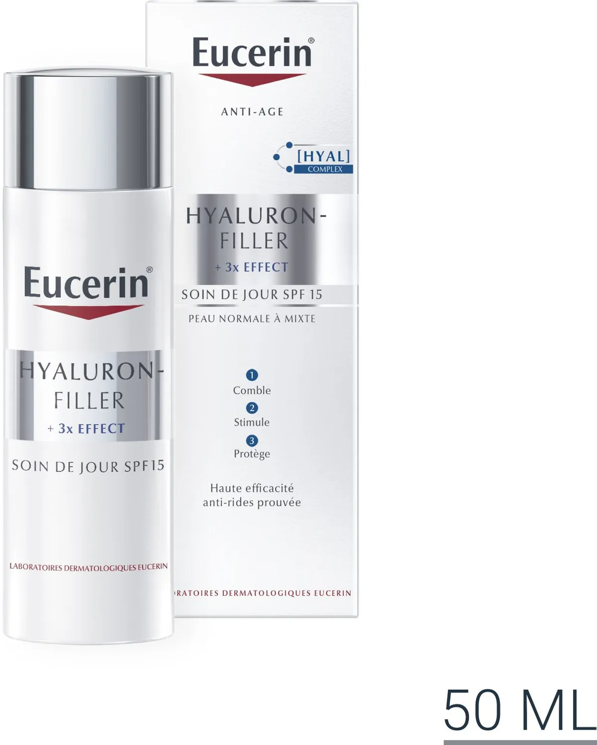 Eucerin Hyaluron-Filler +3x Effect Soin de Jour SPF 15 Peau Normale à Mixte Crème Anti-Rides & Anti-Âge avec pompe 50ml
