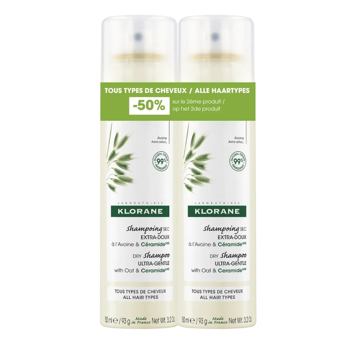 Klorane Shampoing Sec Extra-Doux au Lait d’Avoine Promo Duo 2x150ml (2e à -50%)