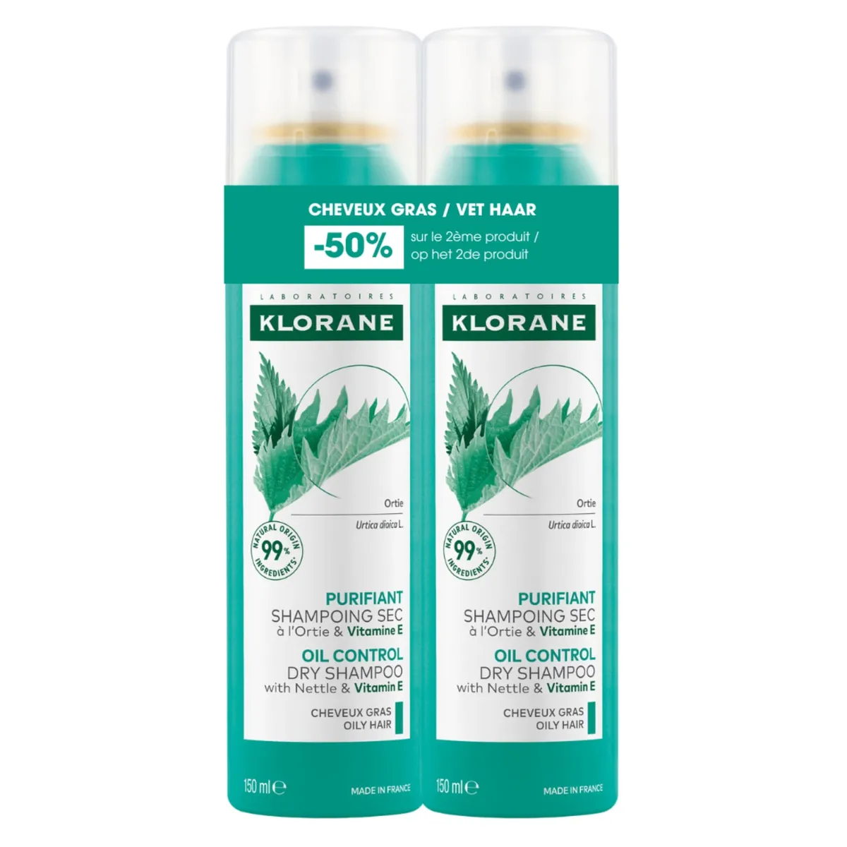 Klorane Talgverminderende Droogshampoo met Brandnetel Duo 2x150 ml (2e aan -50%)
