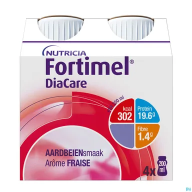 Fortimel DiaCare Aardbeiensmaak Voedingssupplement Ondervoeding Flessen 4x200ml
